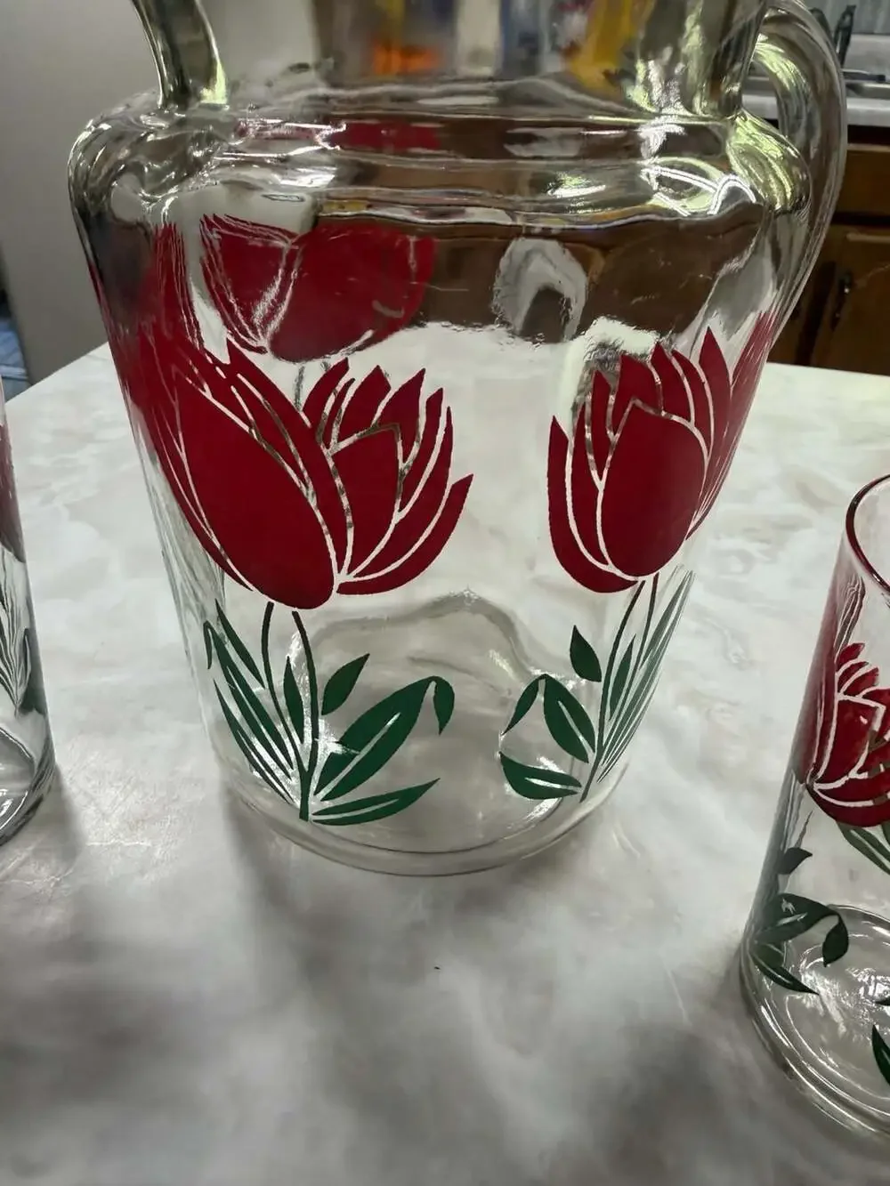 Vintage Anchor Hocking Tulip No. 3 Red Glass Pitcher and 3 Tumblers Set Mid-Cent